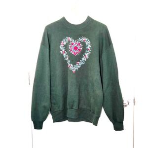 Women's Forrest Green Sweatshirt Heart Shape with Roses on Chest Size XL